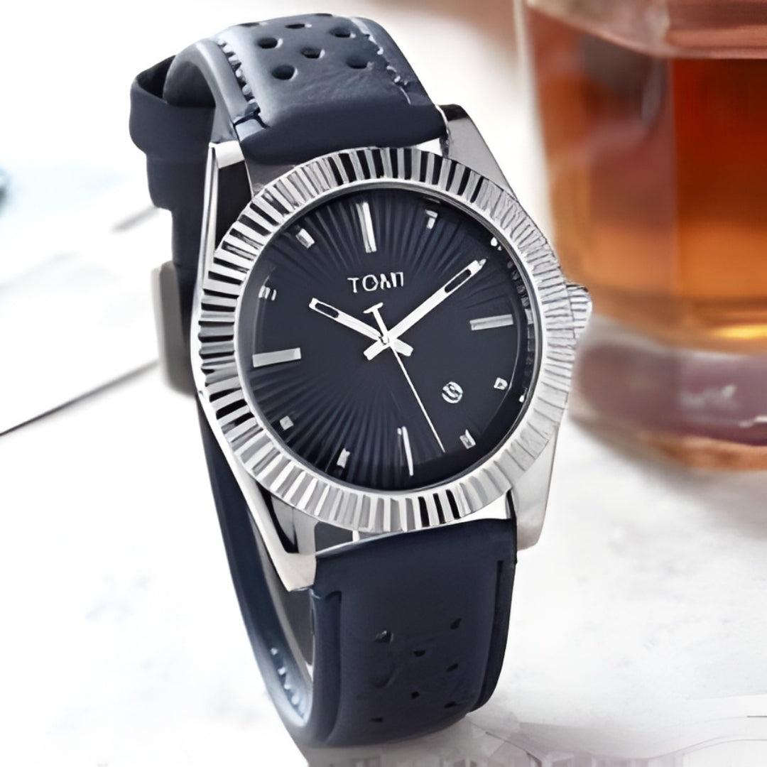 TOMII Men's Watch Date Quartz Round Shape Dial Leather Straps