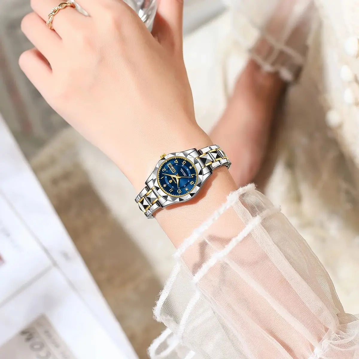 POEDAGAR Stainless Steel Date Week Women Watch Waterproof Business class watch
